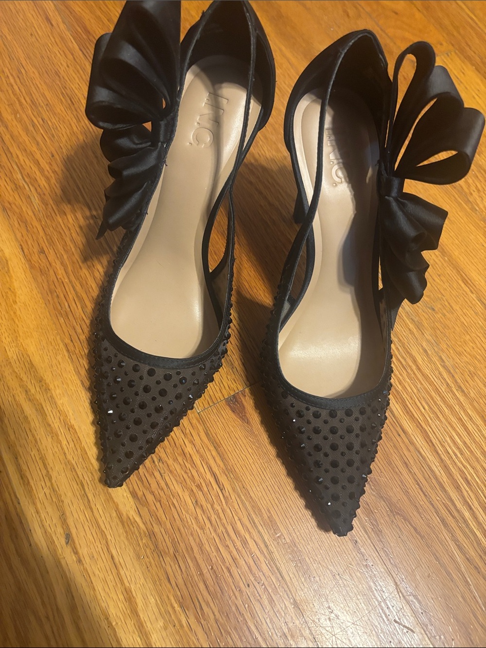 INC International Concepts Black Studded Pointed-Toe Slingbacks with Satin Bow
